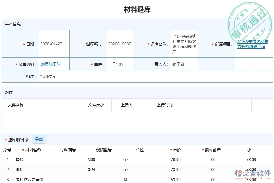 泛普軟件的電力工程企業(yè)管理系統(tǒng)在材料退庫中的價(jià)值