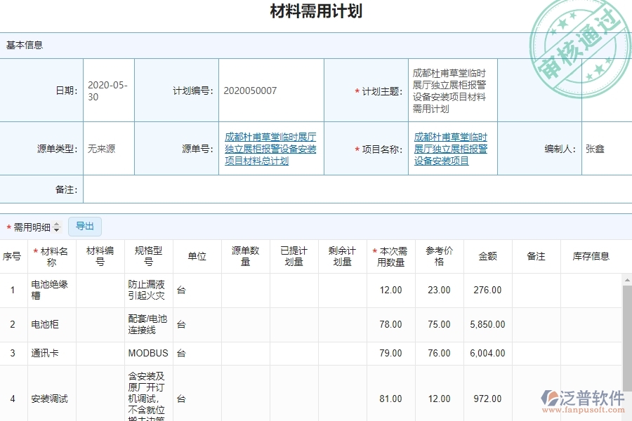 泛普設(shè)備工程企業(yè)管理中材料需用計劃明細查詢的亮點
