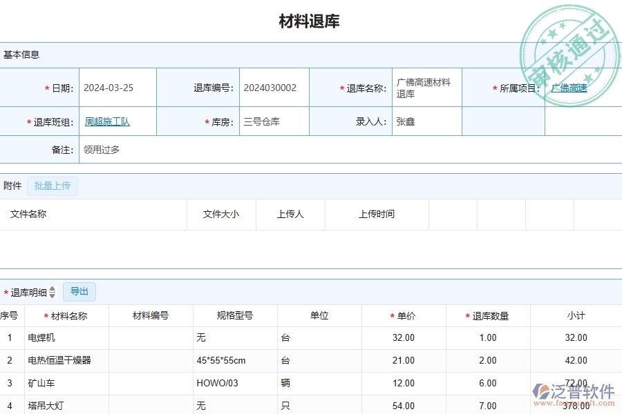 四、泛普軟件-公路工程管理系統(tǒng)在材料退庫明細(xì)查詢中的解決方案
