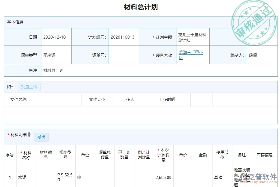 三、泛普軟件-機電工程管理系統(tǒng)在材料執(zhí)行情況表(按總計劃)中的解決方案
