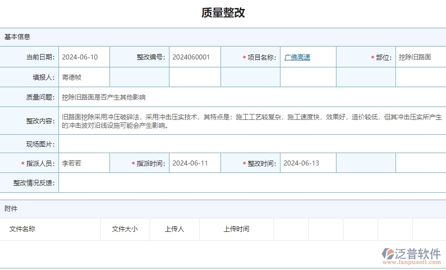 三、泛普軟件-公路工程企業(yè)管理系統(tǒng)中的質(zhì)量整改列表主要內(nèi)容