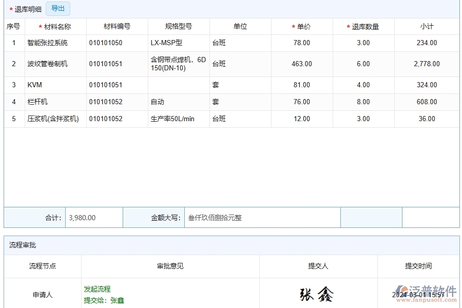泛普軟件-路橋工程項(xiàng)目管理系統(tǒng)在材料退庫中的方案