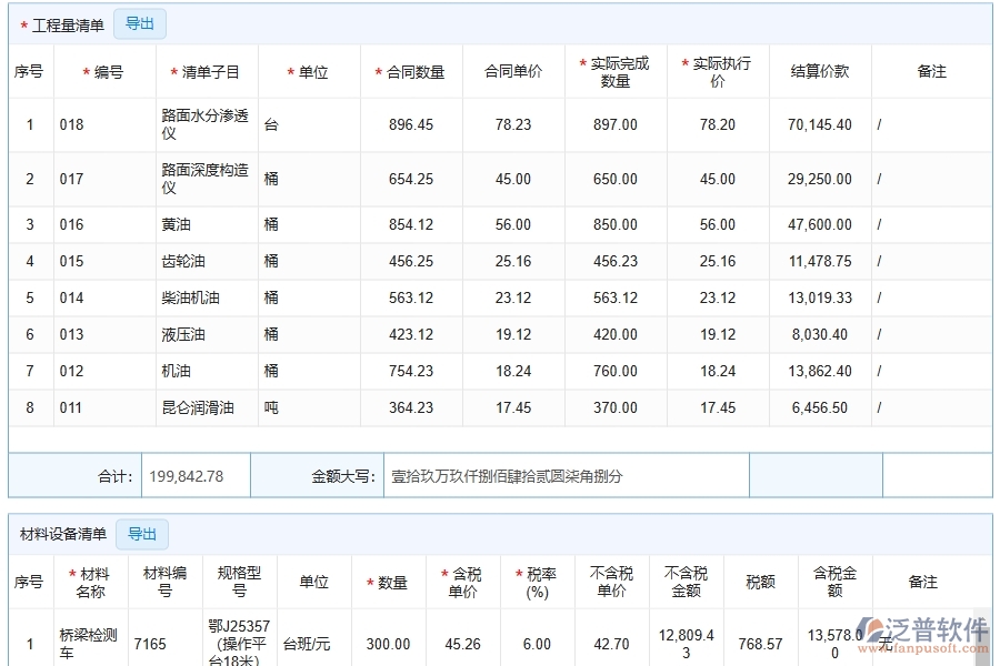 泛普軟件-路橋工程企業(yè)管理系統(tǒng)中的合同結算及明細單據(jù)及列表