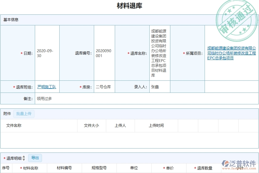 三、泛普軟件-機(jī)電工程企業(yè)管理系統(tǒng)中的材料退庫(kù)列表主要內(nèi)容
