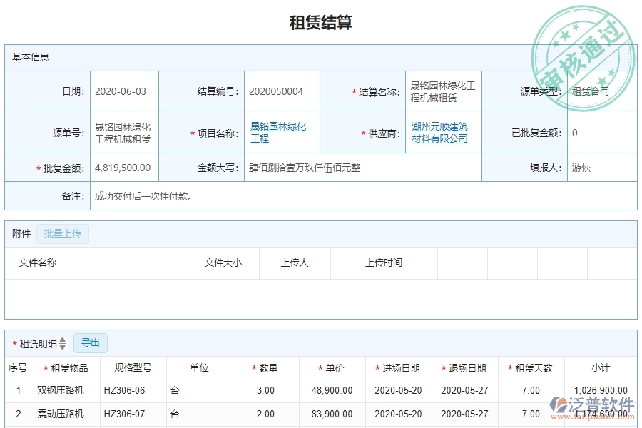 二、泛普軟件-園林工程企業(yè)管理系統(tǒng)租賃結(jié)算的管控點(diǎn)及作用