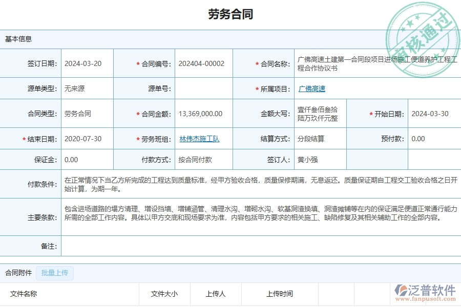 三、泛普軟件-公路工程企業(yè)管理系統(tǒng)中的勞務(wù)合同列表主要內(nèi)容