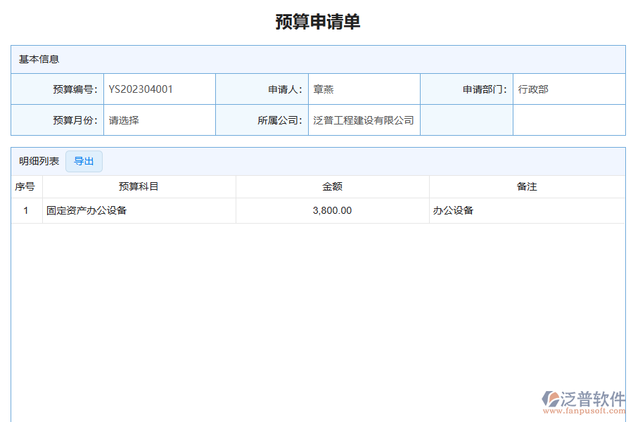 泛普軟件-路橋工程企業(yè)管理系統(tǒng)中預(yù)算申請單的管控點及作用