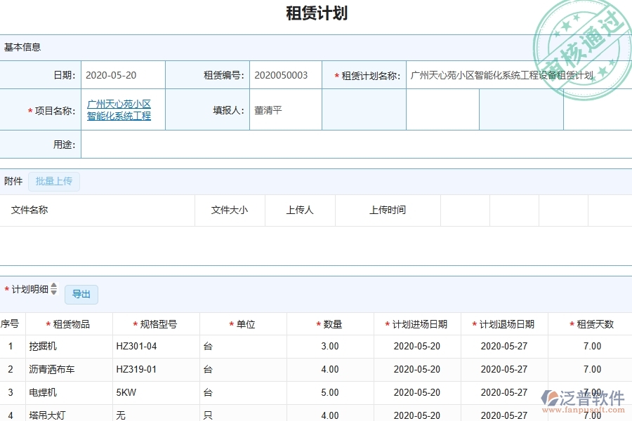 三、泛普軟件-幕墻工程企業(yè)管理系統(tǒng)中的租賃計(jì)劃列表主要內(nèi)容