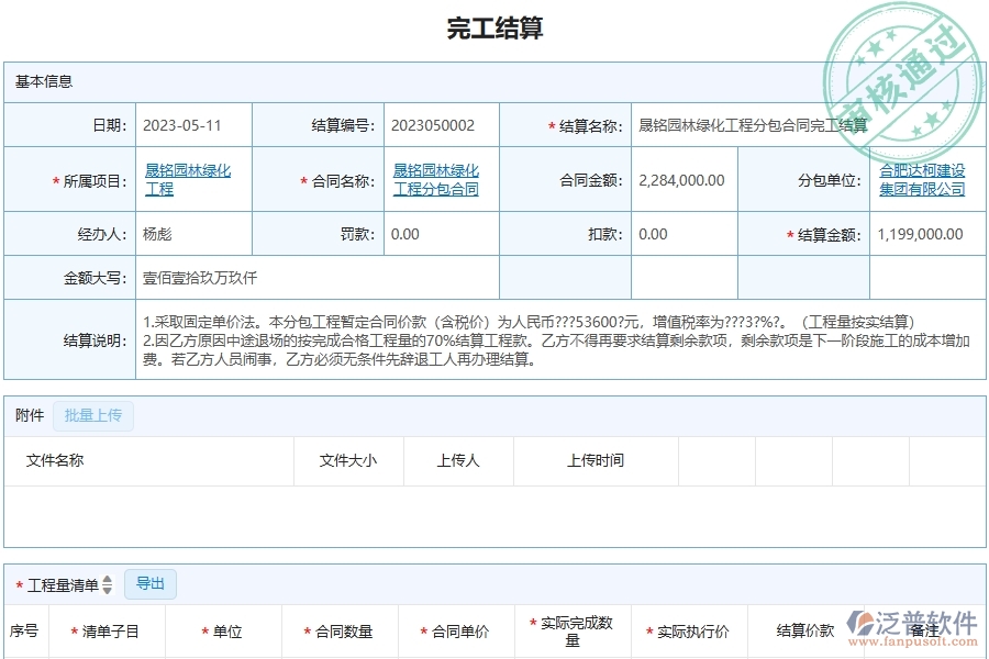 三、泛普軟件-園林工程企業(yè)管理系統(tǒng)中完工結(jié)算主要功能