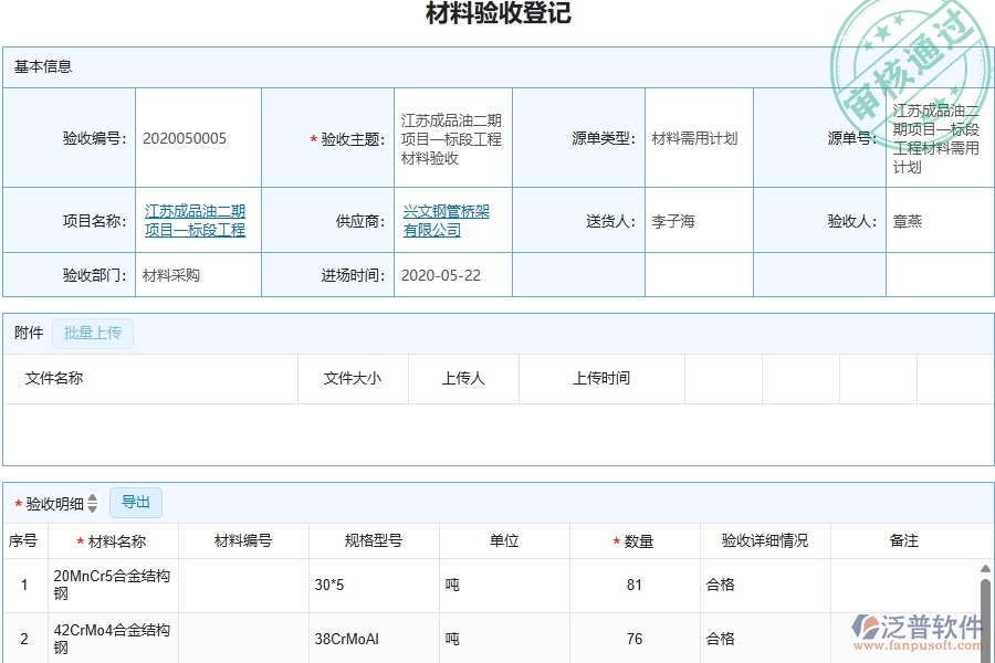 三、泛普軟件-幕墻工程企業(yè)管理系統(tǒng)中的材料驗(yàn)收列表主要內(nèi)容