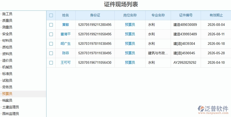 二、泛普軟件-幕墻工程企業(yè)管理系統(tǒng)的證件現(xiàn)場列表為工程企業(yè)帶來七大管理革新