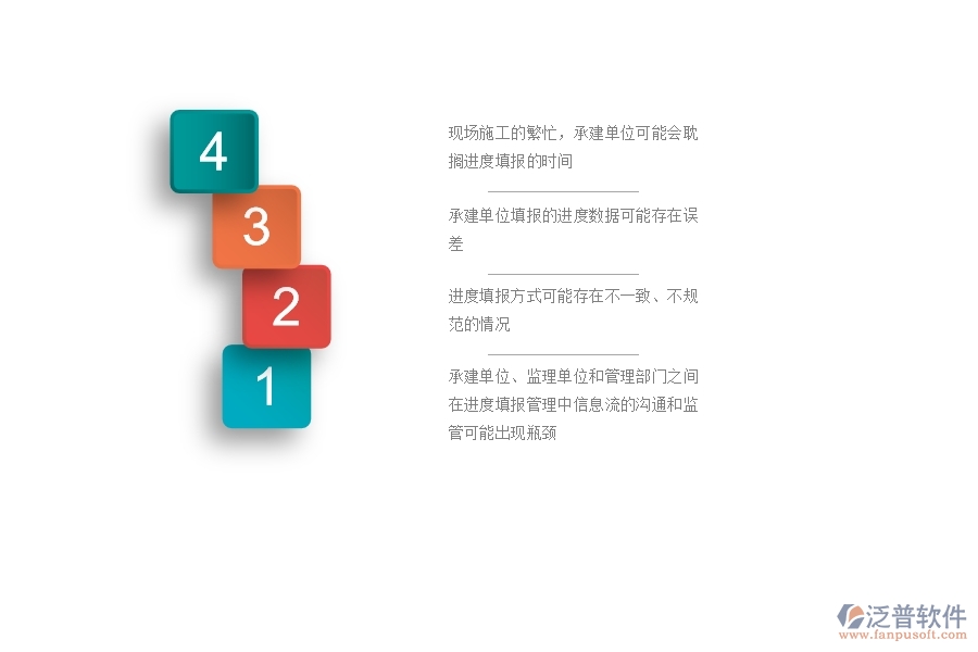　　一、公路工程企業(yè)在進(jìn)度列表管理過(guò)程中存在的問(wèn)題有哪些  　　1、現(xiàn)場(chǎng)施工的繁忙，承建單位可能會(huì)耽擱進(jìn)度填報(bào)的時(shí)間，導(dǎo)致監(jiān)理單位和管理部門(mén)不能及時(shí)掌握項(xiàng)目的整體進(jìn)度情況。  　　2、承建單位填報(bào)的進(jìn)度數(shù)據(jù)可能存在誤差，如進(jìn)度節(jié)點(diǎn)的處理和審核不準(zhǔn)確，影響項(xiàng)目進(jìn)度的跟蹤和管理。  　　3、進(jìn)度填報(bào)方式可能存在不一致、不規(guī)范的情況，如進(jìn)度條目的格式不正確，起始時(shí)間和結(jié)束時(shí)間不清晰等，給后續(xù)數(shù)據(jù)處理和分析帶來(lái)困難。  　　4、在進(jìn)度填報(bào)過(guò)程中可能沒(méi)有及時(shí)記錄，無(wú)法追溯，導(dǎo)致后期數(shù)據(jù)統(tǒng)計(jì)與分析時(shí)無(wú)法確定具體的數(shù)據(jù)參考來(lái)源。  　　5、可能出現(xiàn)漏填、遺漏或者不完整的情況，導(dǎo)致數(shù)據(jù)處理不準(zhǔn)確，影響后續(xù)工作的提前預(yù)警、異常處理和決策分析。  　　6、承建單位、監(jiān)理單位和管理部門(mén)之間在進(jìn)度填報(bào)管理中信息流的溝通和監(jiān)管可能出現(xiàn)瓶頸，導(dǎo)致監(jiān)管難度加大，進(jìn)度管理效果下降。  　　二、泛普軟件-公路工程企業(yè)系統(tǒng)中進(jìn)度列表管理的管控點(diǎn)  　　1、制定進(jìn)度填報(bào)的標(biāo)準(zhǔn)格式，包括條目名稱(chēng)、填寫(xiě)格式、單位規(guī)定等，確保各方填報(bào)數(shù)據(jù)的格式一致性和標(biāo)準(zhǔn)化。  　　2、明確進(jìn)度填報(bào)的責(zé)任人和責(zé)任部門(mén)，細(xì)化填報(bào)流程和進(jìn)度監(jiān)管機(jī)制，確保進(jìn)度數(shù)據(jù)的完整性和準(zhǔn)確性。  　　3、采用信息化手段，如進(jìn)度管理系統(tǒng)、移動(dòng)App等，實(shí)現(xiàn)企業(yè)信息化管理和數(shù)據(jù)共享，促進(jìn)信息共享和協(xié)同工作。  　　4、在現(xiàn)場(chǎng)設(shè)立進(jìn)度填報(bào)點(diǎn)，配備專(zhuān)人跟蹤填報(bào)進(jìn)度數(shù)據(jù)，并對(duì)填報(bào)數(shù)據(jù)進(jìn)行審核和公示，有效控制填報(bào)數(shù)據(jù)的準(zhǔn)確性和實(shí)時(shí)性。  　　5、對(duì)進(jìn)度數(shù)據(jù)進(jìn)行分析，及時(shí)發(fā)現(xiàn)進(jìn)度異常情況并進(jìn)行預(yù)警和處理，以便保證項(xiàng)目進(jìn)度的正常推進(jìn)和提高施工效率。  　　6、將進(jìn)度填報(bào)數(shù)據(jù)進(jìn)行歸檔，建立進(jìn)度數(shù)據(jù)檔案庫(kù)，方便后期數(shù)據(jù)的查找和溯源，也便于后續(xù)的經(jīng)驗(yàn)總結(jié)和管理優(yōu)化。  　　三、泛普軟件-公路工程系統(tǒng)中進(jìn)度列表管理的技術(shù)優(yōu)勢(shì)  　　1、提高數(shù)據(jù)處理和分析的效率，實(shí)現(xiàn)實(shí)時(shí)數(shù)據(jù)共享和協(xié)同工作，減少重復(fù)工作和數(shù)據(jù)錯(cuò)誤，提升工作效率和施工質(zhì)量。  　　2、相較于傳統(tǒng)手工填寫(xiě)，數(shù)據(jù)的準(zhǔn)確性和實(shí)時(shí)性得到了很大程度上的提升，能夠更為精準(zhǔn)地掌握項(xiàng)目進(jìn)度的狀態(tài)，提升項(xiàng)目和施工質(zhì)量。  　　3、通過(guò)數(shù)據(jù)歸檔和建立數(shù)據(jù)檔案庫(kù)的方式，將填報(bào)的數(shù)據(jù)進(jìn)行歸檔，能夠方便后續(xù)的數(shù)據(jù)查找、溯源和數(shù)據(jù)分析，為后續(xù)工作提供數(shù)據(jù)支撐和決策依據(jù)。  　　4、實(shí)現(xiàn)不同部門(mén)和人員之間的信息共享和協(xié)同工作，能夠減少信息孤島和信息壁壘的出現(xiàn)，提高協(xié)同工作效率和施工質(zhì)量。  　　5、及時(shí)發(fā)現(xiàn)和處理施工過(guò)程中的問(wèn)題和風(fēng)險(xiǎn)，及時(shí)調(diào)整和優(yōu)化施工進(jìn)度和資源配置，提高工作流程和管理效率。  　　四、泛普軟件-公路工程管理系統(tǒng)在進(jìn)度列表中的解決方案  　　1、數(shù)據(jù)采集：通過(guò)系統(tǒng)采集設(shè)備監(jiān)測(cè)、人員作業(yè)等數(shù)據(jù)，實(shí)現(xiàn)數(shù)據(jù)自動(dòng)化和準(zhǔn)確性。  　　2、進(jìn)度分解：將工程項(xiàng)目按工序分解成多個(gè)節(jié)點(diǎn)，通過(guò)進(jìn)度管理系統(tǒng)進(jìn)行進(jìn)度規(guī)劃，確定各工序的計(jì)劃開(kāi)始時(shí)間、結(jié)束時(shí)間、工期等信息，形成進(jìn)度計(jì)劃表。  　　3、進(jìn)度跟蹤：通過(guò)實(shí)時(shí)監(jiān)控工程進(jìn)度，對(duì)進(jìn)度偏差情況進(jìn)行預(yù)警和報(bào)警，及時(shí)調(diào)整進(jìn)度計(jì)劃，保證施工工序按照計(jì)劃有序進(jìn)行。  　　4、進(jìn)度協(xié)同：系統(tǒng)內(nèi)部溝通協(xié)作，實(shí)現(xiàn)不同人員、部門(mén)的進(jìn)度信息共享和協(xié)同工作，減少信息重復(fù)填寫(xiě)和過(guò)時(shí)的情況，提高工作效率。  　　5、進(jìn)度分析：通過(guò)進(jìn)度數(shù)據(jù)分析，快速判斷工程進(jìn)度的偏差情況和原因，對(duì)進(jìn)度延誤和提前因素進(jìn)行分析和處理，提高工程質(zhì)量和效益。  　　6、進(jìn)度報(bào)告：根據(jù)進(jìn)度數(shù)據(jù)生成報(bào)表和圖表，實(shí)現(xiàn)進(jìn)度數(shù)據(jù)的可視化展示，為管理決策提供數(shù)據(jù)支撐。