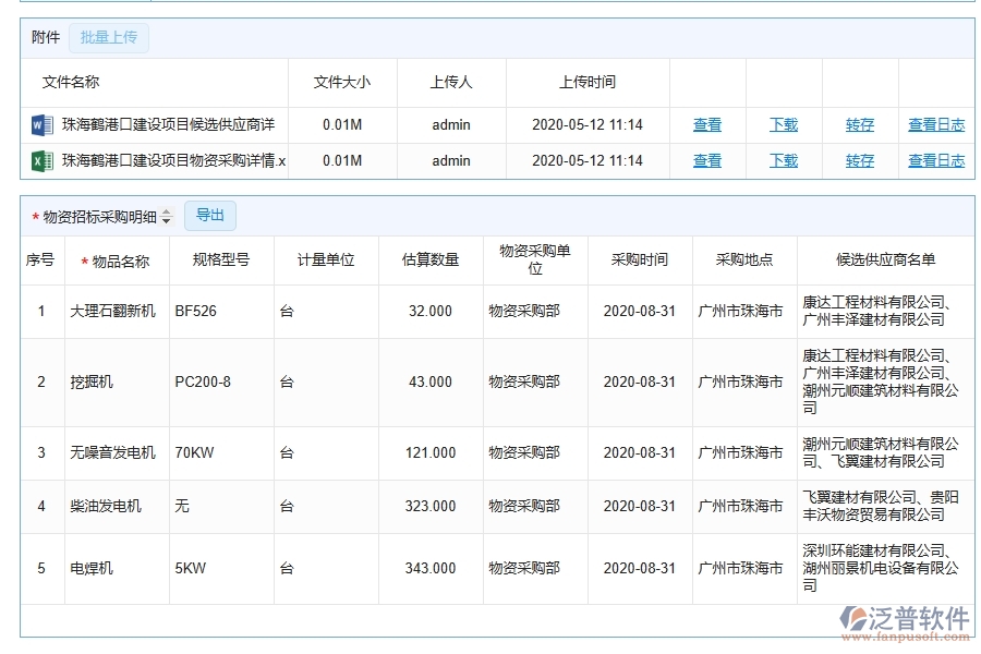 泛普軟件-幕墻工程企業(yè)管理系統(tǒng)中大型物資招標(biāo)采購計(jì)劃明細(xì)查詢的主要功能