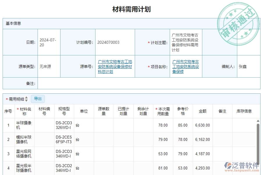 三、安防工程企業(yè)使用泛普軟件-材料需用計劃明細查詢管理的好處