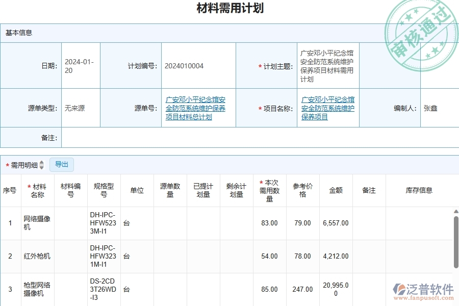 三、泛普軟件-安防工程管理系統(tǒng)中材料需用計(jì)劃的幾個(gè)優(yōu)勢(shì)是什么