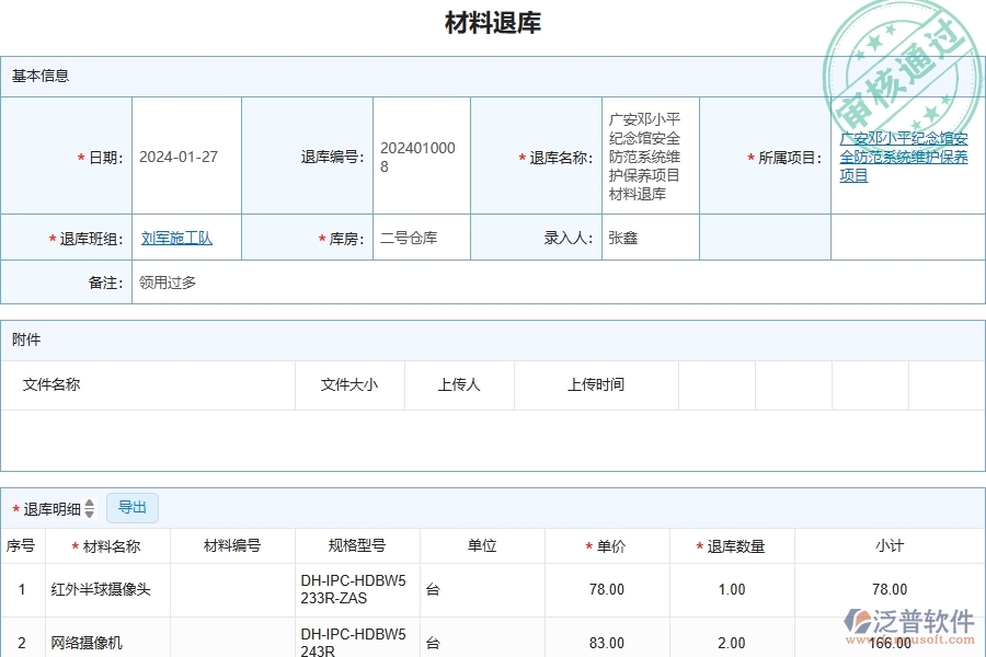 四、泛普軟件-安防工程企業(yè)材料退庫列表的重要性